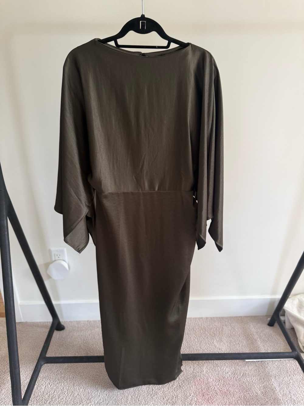 H&M Olive Green Midi Dress with Draped Sleeves